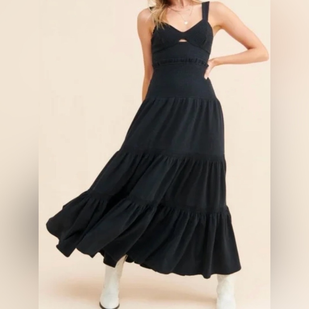 By Anthropologie Maxi Dress with Ruffle Hem — Black
